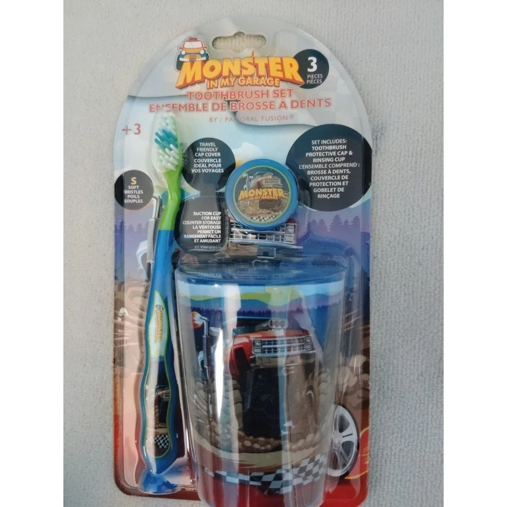 Monster In My Garage Kids Toothbrush Set Soft Nylon Bristles Cup Cap Blue Green